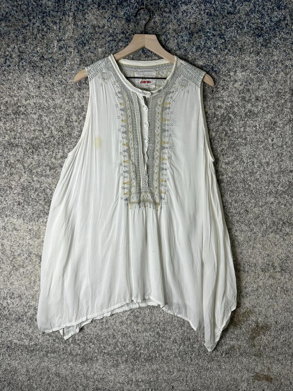 Johnny Was Blouse Womens Large White Embroidered Sleeveless Henley Tunic Top